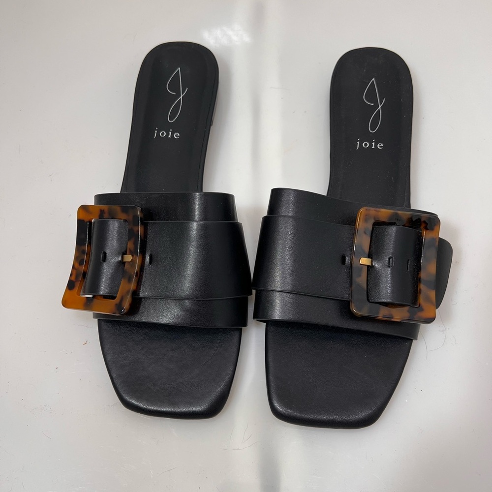 Joie Black Paige Slide Sandals flats tortoise buckle